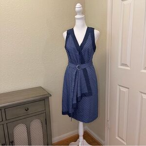 Banana Republic Blue White Polka Dot Faux Wrap Belted Sleeveless Sheath Dress 2